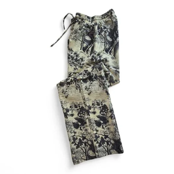 Face Fashion Toile Print Wide-Leg Pants Elastic Waist Cotton Blend Beige/Blue - Picture 8 of 11